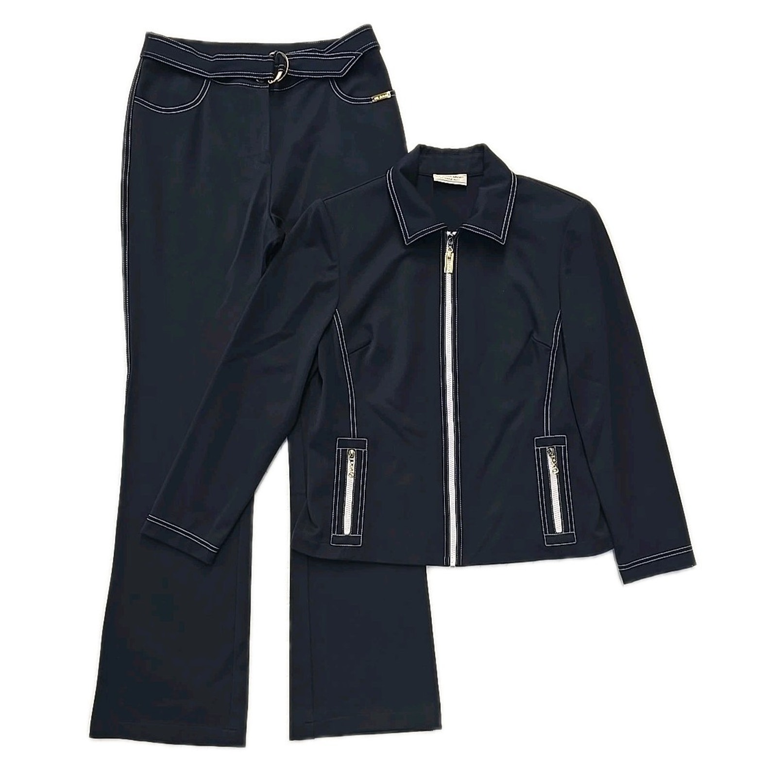 St. John Sport Marie Gray Navy Jacket Pant Set 6 Contrast Stitch Nautical Preppy